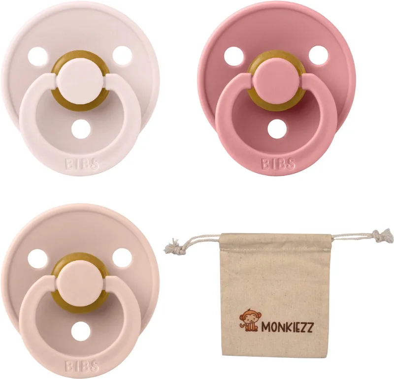 Fopspenen - Maat 2 6-18 maanden - Latex – Petal, Dusty Pink, Blush + Monkiezz speenzakje de BIBS en Petal, Dusty Pink, Blush – photo produit