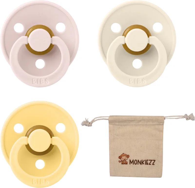 Fopspenen - Maat 2 6-18 maanden - Latex – Petal, Ivory, Pale Butter + Monkiezz speenzakje de BIBS en Petal, Ivoire, Pale Butter – photo produit