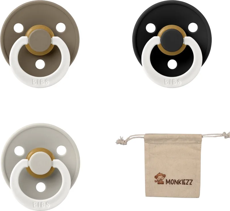 fopspenen maat 2 6-18 maanden| Set 3 stuks| Glow Black, Glow Dark oak + Monkiezz speenzakje| Maat 2 de BIBS en Glow sand – photo produit