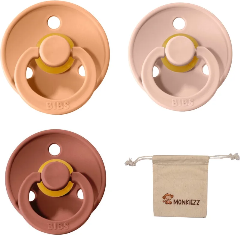 fopspenen maat 2 6-18 maanden| Set 3 stuks| Woodchuck, Peach + Monkiezz speenzakje de BIBS en Blush – photo produit