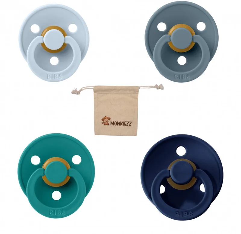 fopspenen maat 2 6-18 maanden| Set 4 stuks| Deep space, petrol, Scuba + Monkiezz speenzakje de BIBS en Baby blue – photo produit