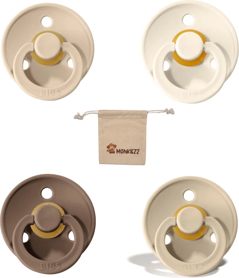 fopspenen maat 3 18+ maanden| Set 4 stuks| Ivory, sand, dark oak + Monkiezz speenzakje de BIBS en Vanilla – photo produit
