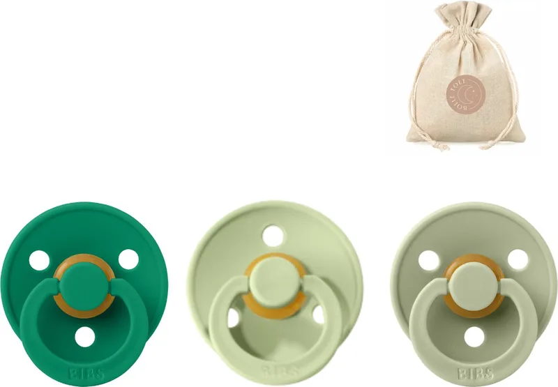 fopspenen T1 0-6 maanden - Sage, en Pistache + BolleToet speenzakje van BIBS in Evergreen – productfoto