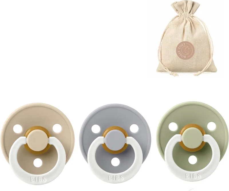 fopspenen T2 + speenzakje BolleToet - sage en cloud - 6-18 maanden van BIBS in Glow in the dark Vanilla – productfoto