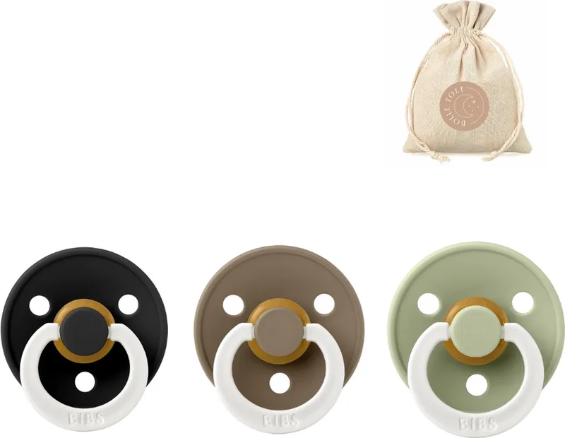 fopspenen T3 dark oak en sage + BolleToet speenzakje de BIBS en Glow in the dark Black – photo produit