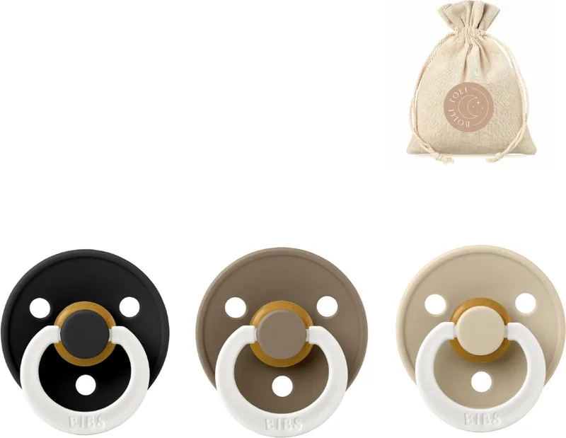 fopspenen T3 dark oak en vanilla + BolleToet speenzakje de BIBS en Glow in the dark Black – photo produit