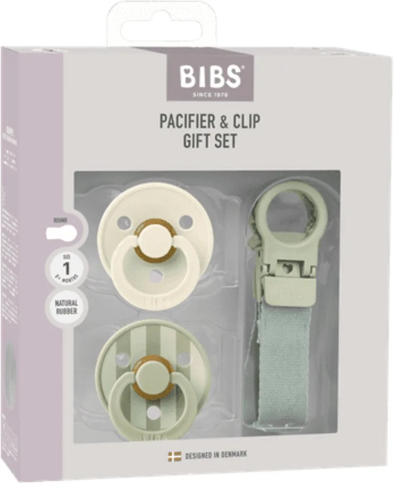 IBS – Pacifier & Clip Gift Set – Sage - Rond – 2 Fopspenen + Fopspeenkoord – Maat 1 de BIBS en Packs:Kies je kleur, Pack: Sage – photo produit