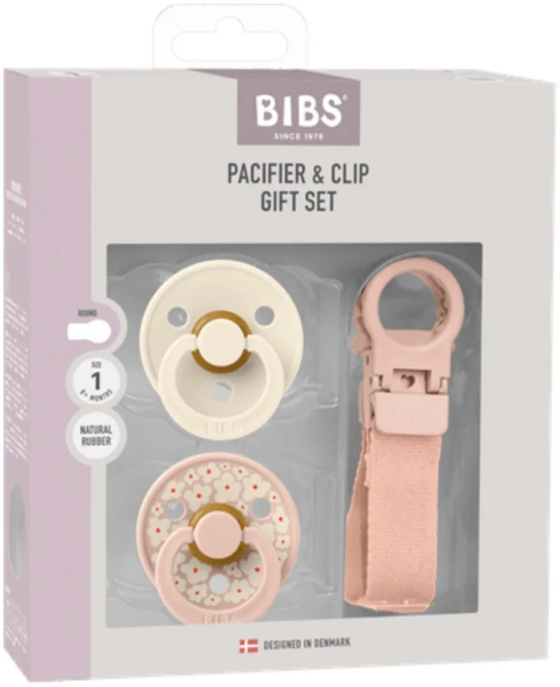 Pacifier & Clip Gift Set – Blush - Rond – 2 Fopspenen + Fopspeenkoord – Maat 1 de BIBS en Packs:Kies je kleur, Pack: Blush – photo produit
