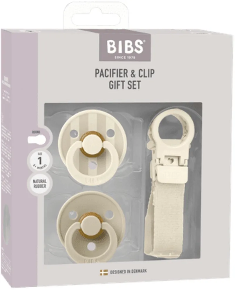 Pacifier & Clip Gift Set – Ivory - Rond – 2 Fopspenen + Fopspeenkoord – Maat 1 de BIBS en Packs:Kies je kleur, Pack: Ivory – photo produit