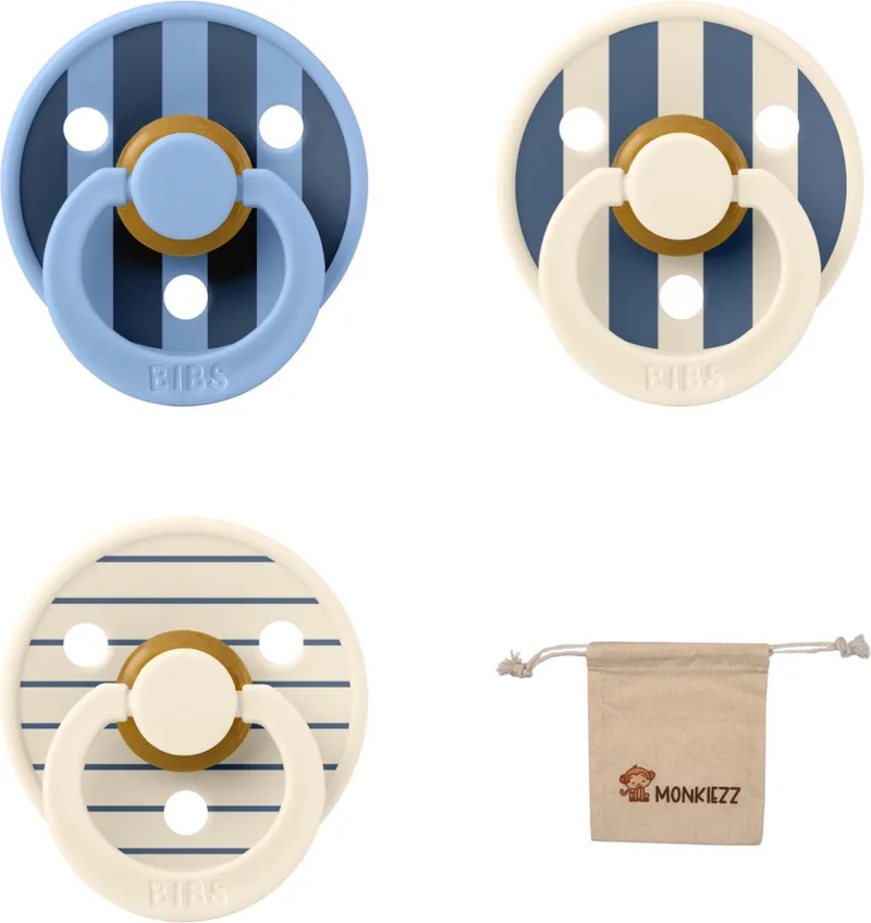 studio fopspenen maat 1 (0-6 maanden) Set 3 fopspenen + speenzakje - Block Sky Blue, en Block Ivory/Steel Blue en Pin Ivory/Steel Blue de BIBS en Ivoire – photo produit
