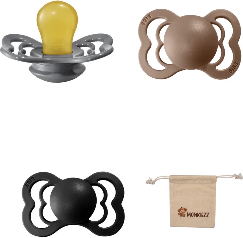 Supreme Fopspenen - Maat 1 0-6 maanden - Latex – Dark Oak - Iron – Black + Monkiezz speenzakje by BIBS in Dark Oak, Iron, Black – product photo