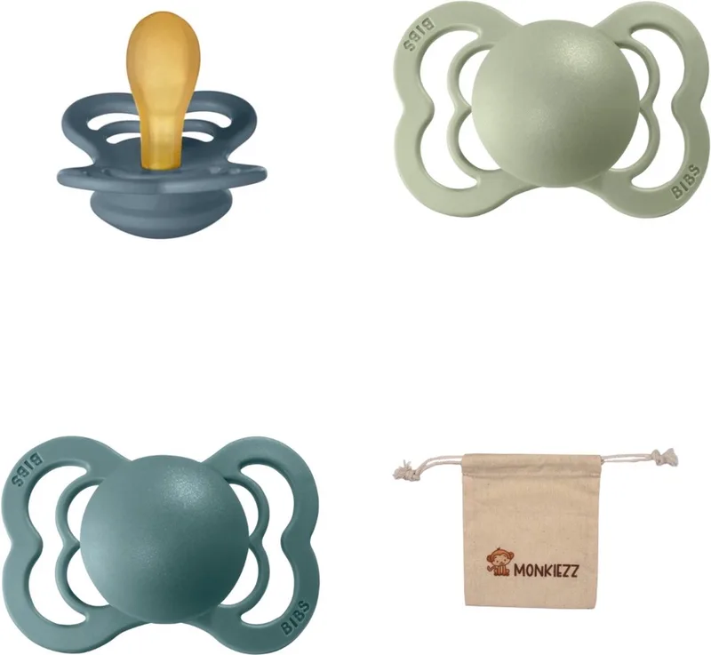 Supreme Fopspenen - Maat 1 0-6 maanden - Latex – Petrol – Island Sea– Sage + Monkiezz speenzakje by BIBS in Petrol, Island Sea, Sage – product photo