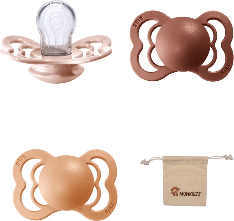 Supreme Fopspenen - Maat 1 0-6 maanden - Silicone – Blush - Peach - Woodchuck + Monkiezz speenzakje by BIBS in Blush, Peach, Woodchuck – product photo