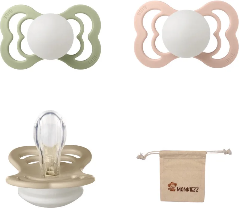 Supreme Fopspenen - Maat 1 0-6 maanden - Silicone – Glow in the dark Sage - Blush - Vanilla + Monkiezz speenzakje by BIBS in Glow in the dark Blush, Sage, Vanilla – product photo