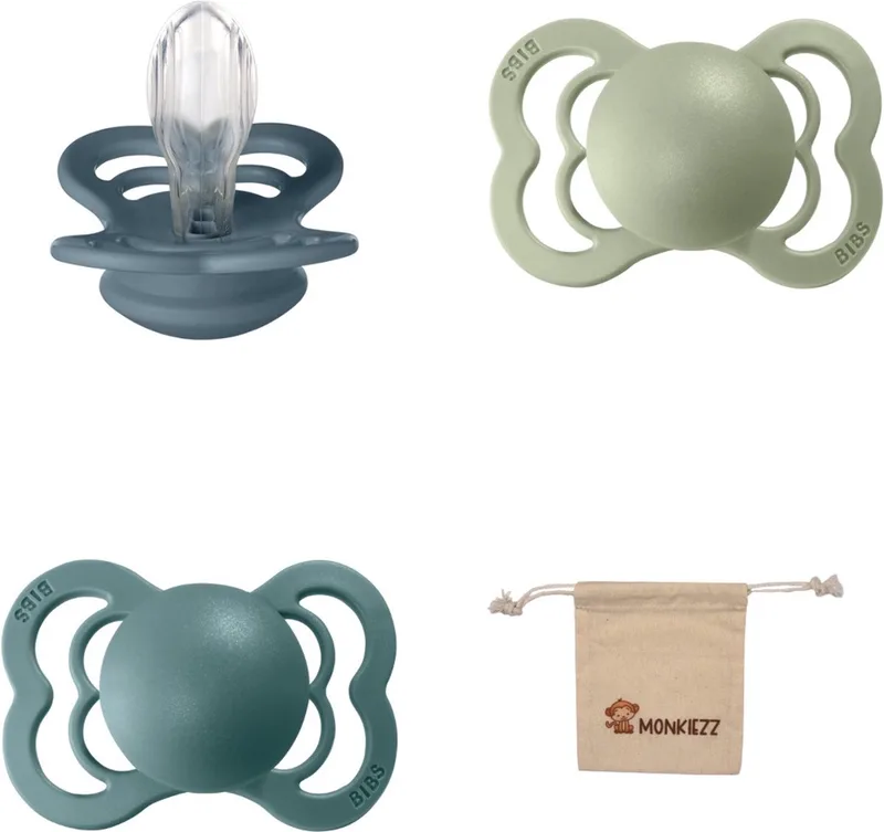 Supreme Fopspenen - Maat 1 0-6 maanden - Silicone – Petrol - Island Sea - Sage + Monkiezz speenzakje by BIBS in Petrol, Island Sea, Sage – product photo