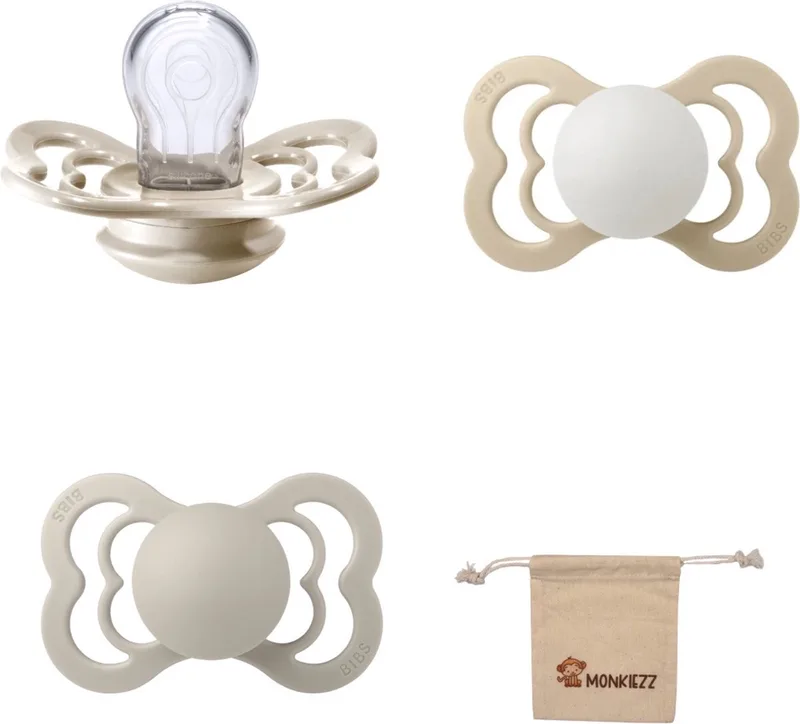 Supreme Fopspenen - Maat 2 6-18 maanden - Silicone - Vanilla - Sand – Glow in the dark Vanilla + Monkiezz speenzakje by BIBS in Vanilla, Sand, Glow in the dark Vanilla – product photo