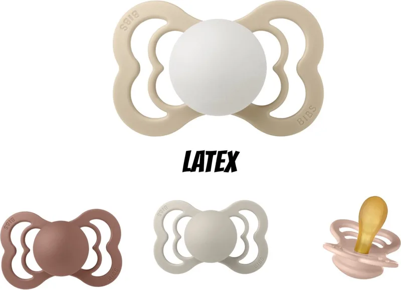 Supreme Latex fopspeen 0-6 maand 4 stuks maat 1 fra BIBS i Blush, Woodchuck, Sand en Vanilla Night Glow – produktbillede