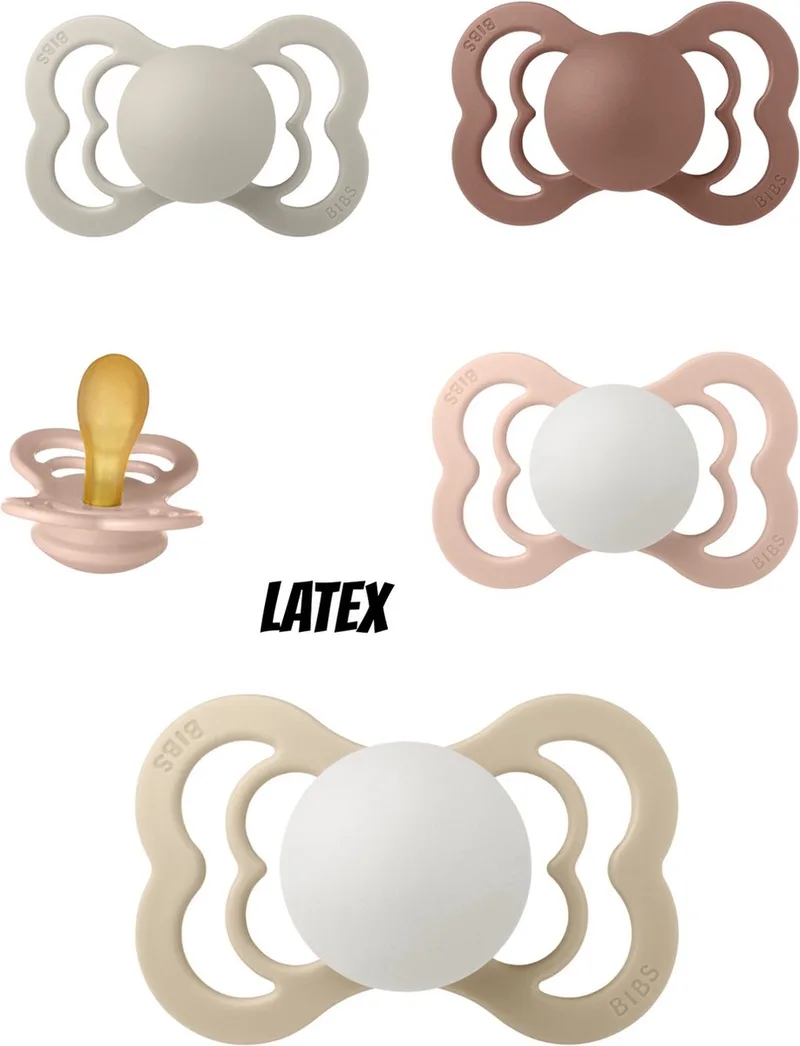 Supreme Latex fopspeen 0-6 maand 5 stuks maat 1 van BIBS in Blush, Woodchuck, Sand, Vanilla Night Glow en Blush Night Glow – productfoto