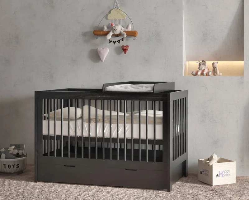 Baby Bed / Ledikant Alaska 60 x 120 cm - Baby bed en Commode in één - (0 - 3 jaar) - Verstelbare bedbodem in 3 hoogtes by Born Lucky in Black – product photo