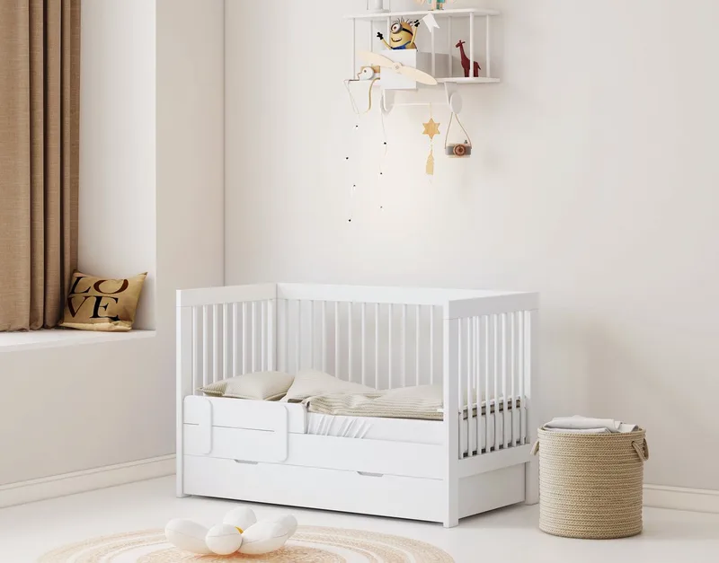 Baby Bed / Ledikant Alaska 60 x 120 cm - Baby bed en Commode in één - (0 - 3 jaar) - Verstelbare bedbodem in 3 hoogtes de Born Lucky en Blanc – photo produit