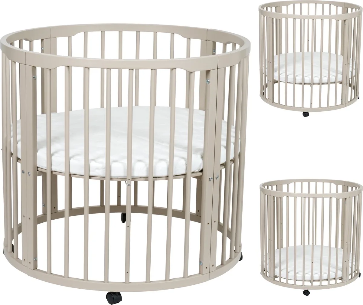 Baby Box Rond 90 cm - In Hoogte Verstelbaar - Met Matras & Wieltjes de Born Lucky en Beige – photo produit