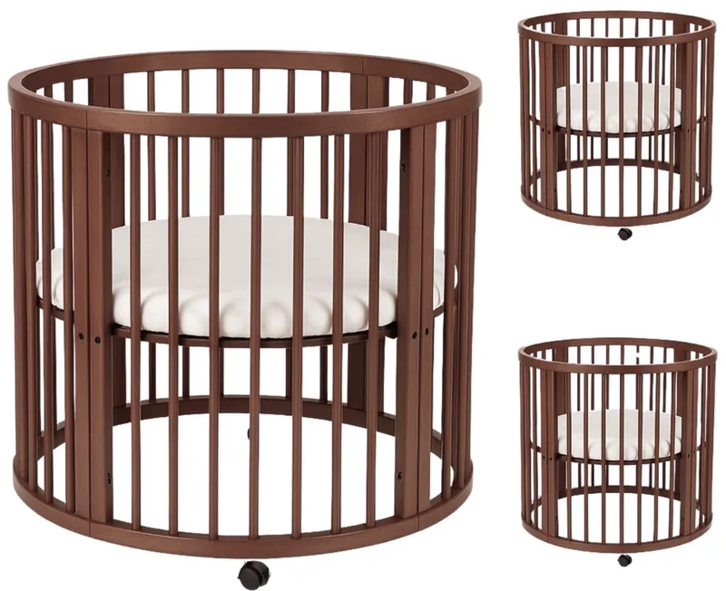Baby Box Rond 90 cm - In Hoogte Verstelbaar - Met Matras & Wieltjes van Born Lucky in Walnoot – productfoto