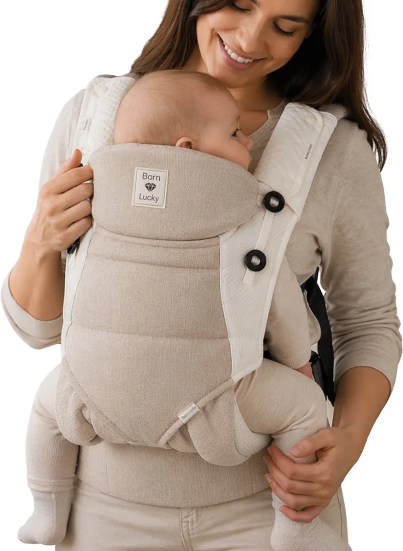 Draagzak Baby – Verstelbaar 4 tot 36 Maanden – Buik en Rugdrager – Inclusief Zonnenkap by Born Lucky in Taupe – product photo