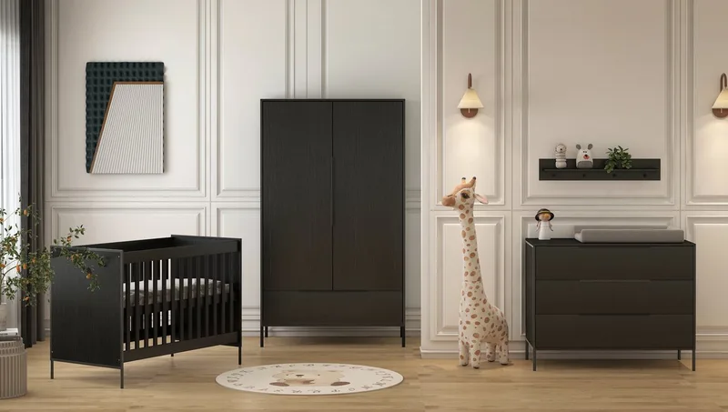 Marble Babykamer 3-Delig – Ledikant, Commode en Kast – Vanaf Geboorte tot ca. 2,5 Jaar fra Born Lucky i Sort – produktbillede