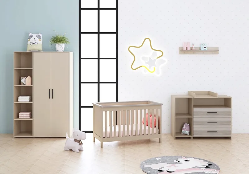Mees Babykamer 3-Delig – Ledikant, Commode en Kast – Vanaf Geboorte tot ca. 2,5 Jaar van Born Lucky in Beige – productfoto