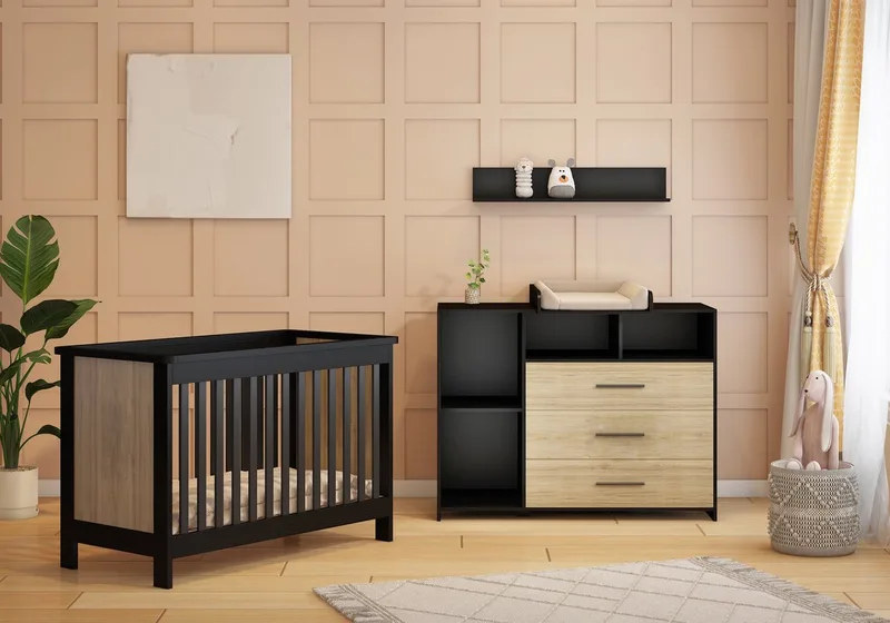 Reno Babykamer 2-Delig – Ledikant en Commode – Vanaf Geboorte tot ca. 2,5 Jaar de Born Lucky en Noir – photo produit