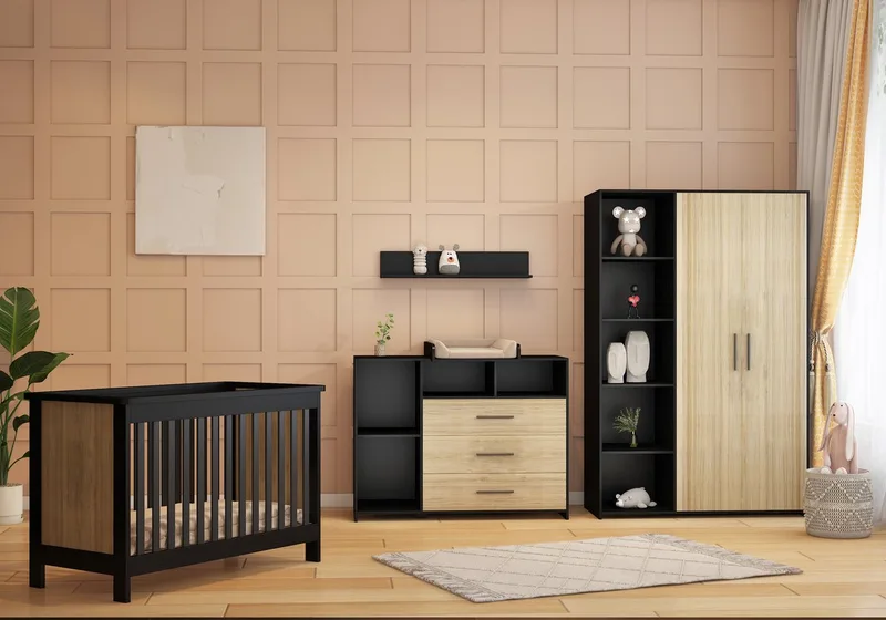 Reno Babykamer 3-Delig – Ledikant, Commode en Kast – Vanaf Geboorte tot ca. 2,5 Jaar by Born Lucky in Black – product photo