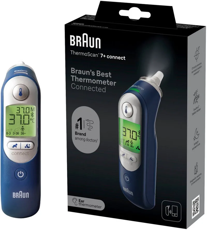 Oorthermometer ThermoScan® 7+ connect IRT6575NWE, geschikt voor alle leeftijdsgroepen, inclusief pasgeborenen, Bluetooth van Braun in Blauw – productfoto