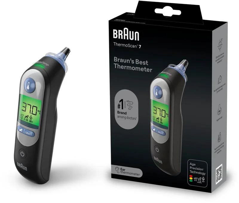 Fieberthermometer ThermoScan® 7 Ohrthermometer mit Age Precision® - IRT6520B, Für alle Altersgruppen geeignet, einschließlich Neugeborener von Braun in Schwarz – Produktfoto