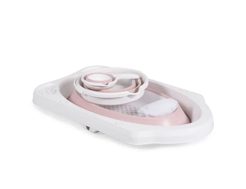 Babybadewanne Set Hawai 4-teilig, faltbar, Wasserablauf, Ablagefächer, Netz, ab Geburt, rutschfeste Füße von Cangaroo in Rosa – Produktfoto 2 von 5
