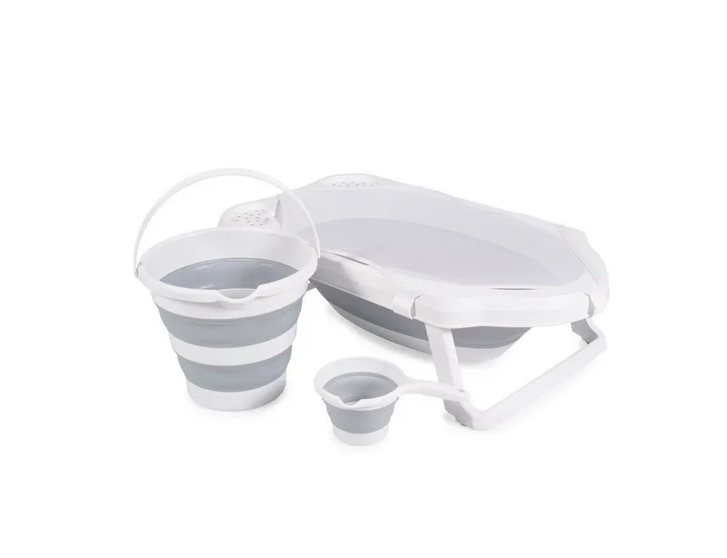 Babybadewanne Set Hawai 4-teilig, faltbar, Wasserablauf, Ablagefächer, Netz, ab Geburt, rutschfeste Füße van Cangaroo in Grau – productfoto