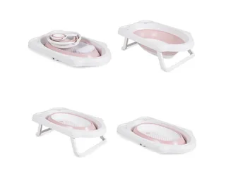 Babybadewanne Set Hawai 4-teilig, faltbar, Wasserablauf, Ablagefächer, Netz, ab Geburt, rutschfeste Füße von Cangaroo in Rosa – Produktfoto 4 von 5