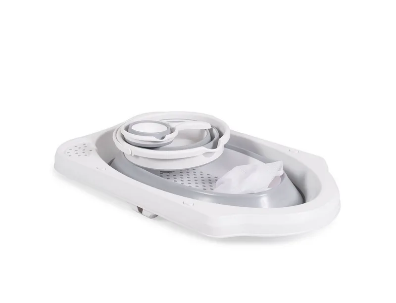 Babybadewanne Set Hawai 4-teilig, faltbar, Wasserablauf, Ablagefächer, Netz, ab Geburt, rutschfeste Füße von Cangaroo in Grau – Produktfoto 2 von 5