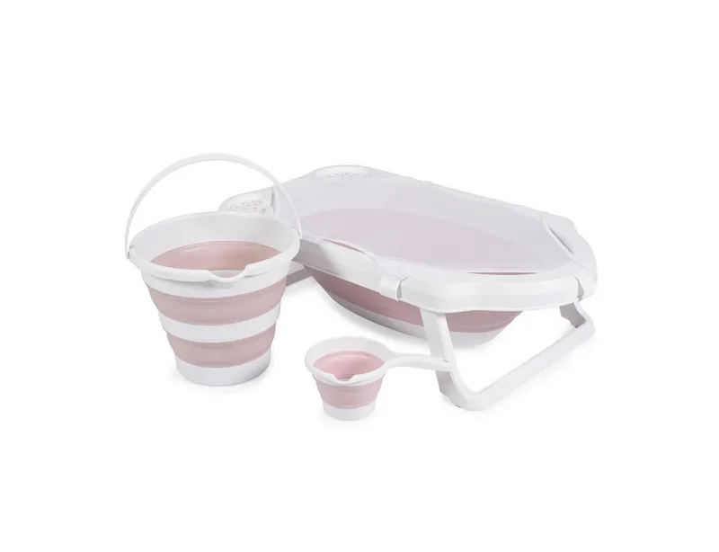 Babybadewanne Set Hawai 4-teilig, faltbar, Wasserablauf, Ablagefächer, Netz, ab Geburt, rutschfeste Füße van Cangaroo in Rosa – productfoto