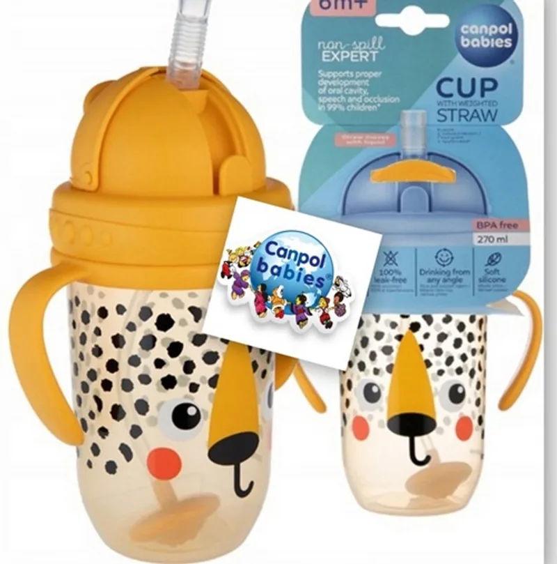 Baby | Cheetah BabiesBoo | Rietjesbeker met Handvaten | met Flip-top verzwaard rietje | 270ml 270 ml fra Canpol Babies i Gul, Sort – produktbillede