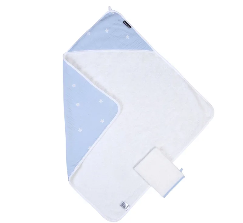 Badcape met Washandje - Flower Collection in Wit/Blauw - Extra Dikke en Absorberende Badstof van 100% Katoen - Kap in Mousseline met Bloemenprint - Machinewasbaar - 80 x 80 cm - Ideaal als Kraamcadeau van Childhome in Wit – productfoto