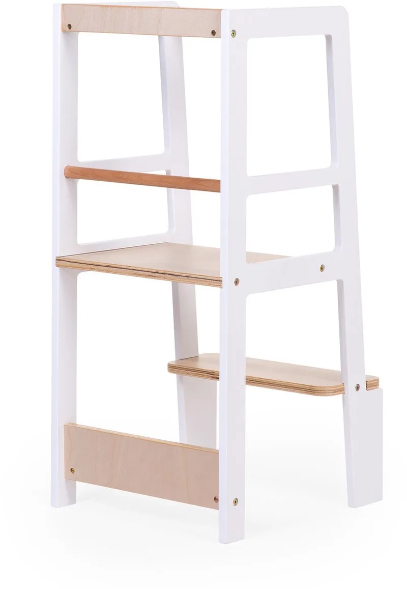Leertoren - Keukenhulp waarmee je Kind Veilig Meehelpt aan het Aanrecht - Platform op 45 cm Hoogte - Draagkracht tot 100 kg - Stevig Beukenhout met Tijdloos Design - 44 x 42 x 90 cm - Wit/Naturel de Childhome en Blanc – photo produit