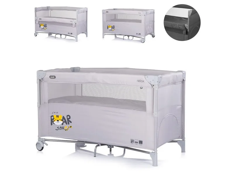 Baby-Reisebett Relax, 2 Ebenen, als Beistellbett nutzbar, Seiteneingang, Faltmatratze de Chipolino en Gris – photo produit 1 sur 5
