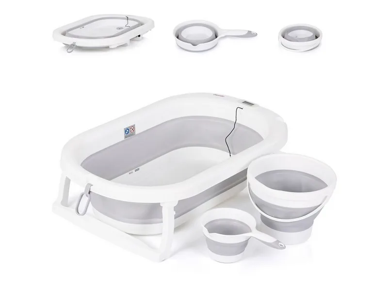 Babybadewanne Spa, faltbar, zwei Eimer, Spülbecher, Thermometer, Ablauf mit Deckel van Chipolino in Grijs – productfoto