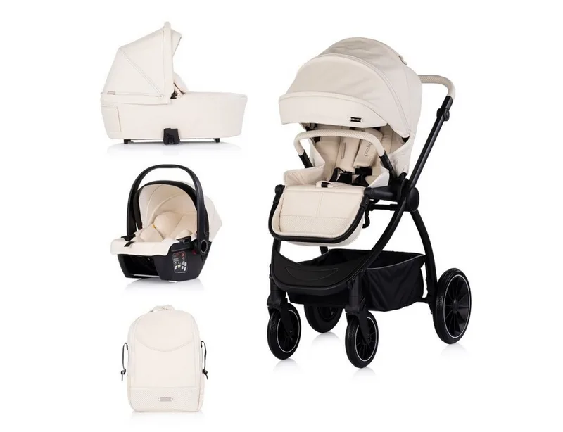 Kombi-Kinderwagen Prestige 3 in 1, Aluminium, i-Size, 5-Punkt-Gurt, 3-Punkt-Gurt, Babywanne, Babyschale by Chipolino in Beige, Black – product photo