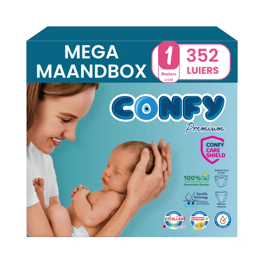 8x Confy Premium Luiers Maat 1 Newborn 2-5kg 44 stuks van Confy – productfoto