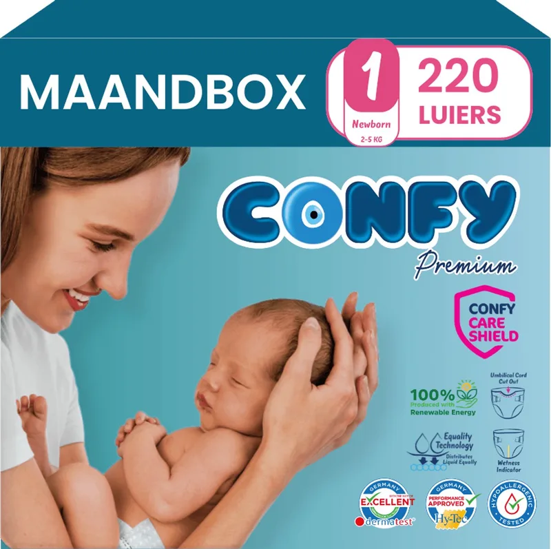 Premium - Luiers Maat 1 (2-5kg) - 220 Luiers - Maandbox de Confy – photo produit