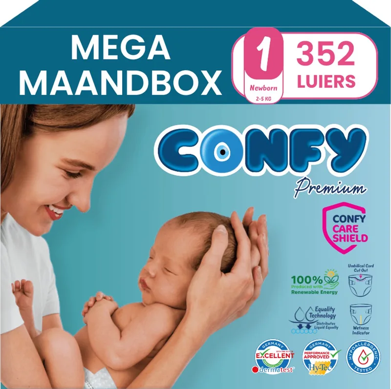 Premium - Luiers Maat 1 (2-5kg) - 352 Luiers - Mega MaandBox de Confy – photo produit