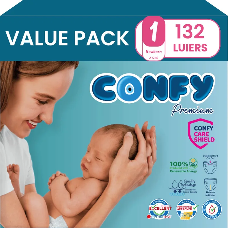 Premium - Luiers Maat 1 (2kg-5kg) - 132 Luiers - Value Pack från Confy – produktbild