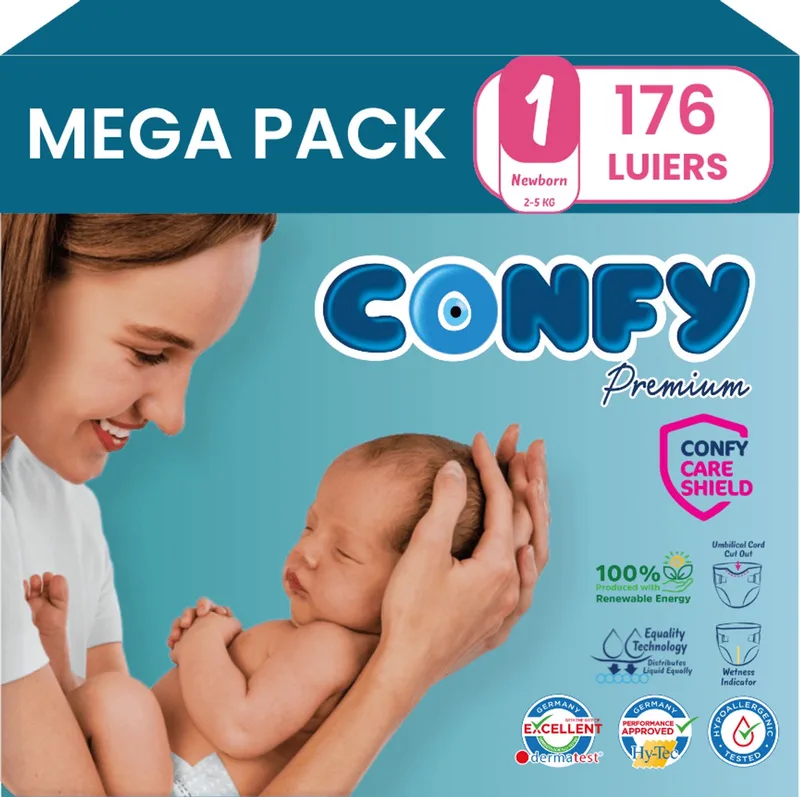 Premium - Luiers Maat 1 (2kg-5kg) - 176 Luiers - Mega Pack by Confy – product photo
