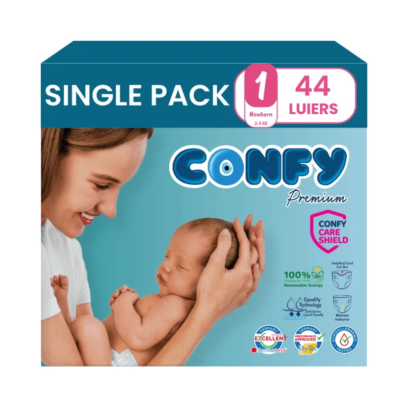Premium Luiers Maat 1 Newborn 2-5kg 44 stuks von Confy – Produktfoto